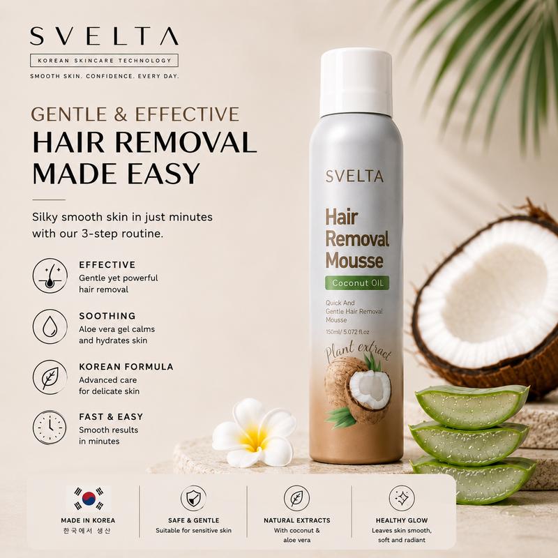 SVELTA Sensitive Skin Bikini Hair Removal Cream & Mousse - Lightweight, Soothing Body Care Self-Care Product for Adults, Fast-Acting Depilatory Foam with Coconut Oil, Aloe Vera Gel & Scraper, 150ml + 30ml
