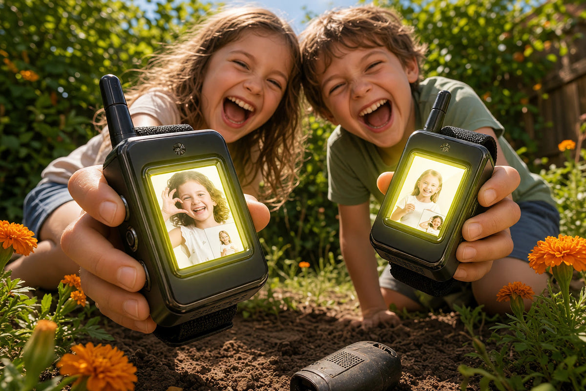 Two kids playing with video walkie-talkies in a sunny backyard