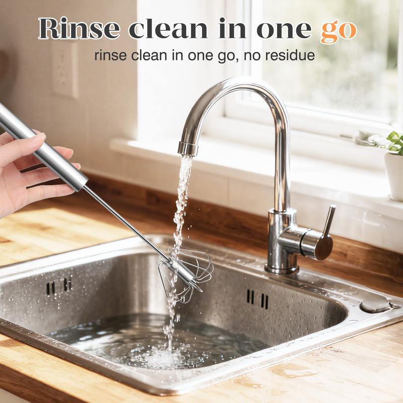 AA Stainless Steel Hand-Push Rotary Whisk - Food-Grade Rust-Resistant Kitchen Utensil with Sturdy Riveted Construction, Semi-Automatic Design for Coffee, Egg Whisking Tasks, Easy to Clean