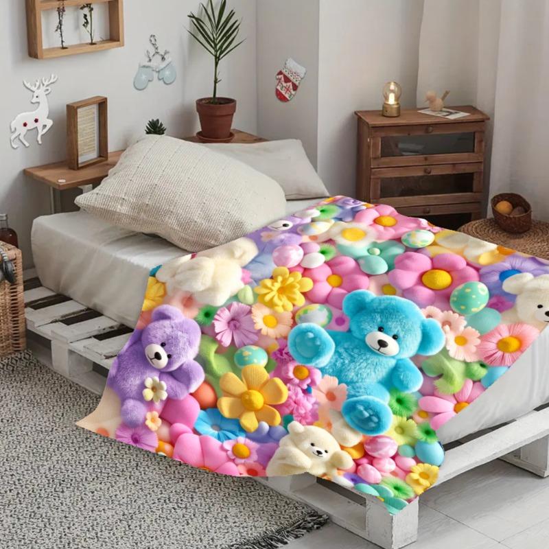 Teddy Pastel Floral Print Throw Blanket, Kawaii Plush Super Soft Cozy Throw for Kids, Bedroom Blanket & Gift Item, Floral Print Blanket summerwins