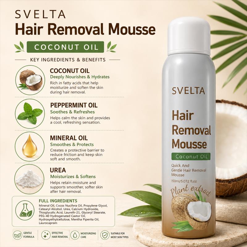 SVELTA Sensitive Skin Bikini Hair Removal Cream & Mousse - Lightweight, Soothing Body Care Self-Care Product for Adults, Fast-Acting Depilatory Foam with Coconut Oil, Aloe Vera Gel & Scraper, 150ml + 30ml