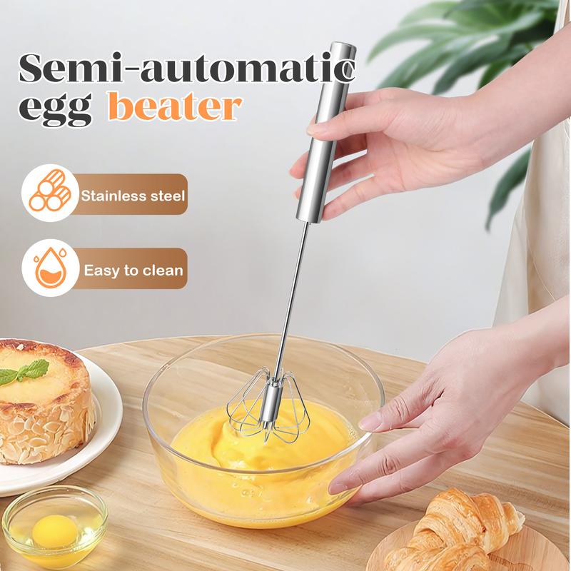 AA Stainless Steel Hand-Push Rotary Whisk - Food-Grade Rust-Resistant Kitchen Utensil with Sturdy Riveted Construction, Semi-Automatic Design for Coffee, Egg Whisking Tasks, Easy to Clean
