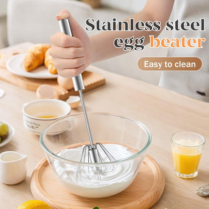 AA Stainless Steel Hand-Push Rotary Whisk - Food-Grade Rust-Resistant Kitchen Utensil with Sturdy Riveted Construction, Semi-Automatic Design for Coffee, Egg Whisking Tasks, Easy to Clean