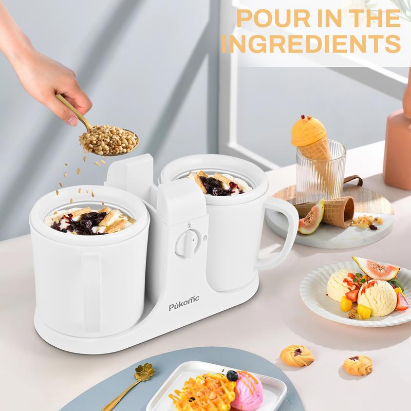 Pukomc Ice Cream Maker Machine for Home Use with Two Ice Cream Bowls Simple Operation Easy to Clean White Easy Fast Use Perfect Dessert,The best Christmas New Year gift summerwins