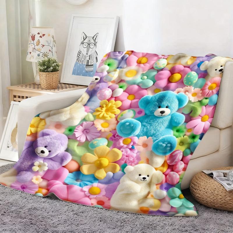 Teddy Pastel Floral Print Throw Blanket, Kawaii Plush Super Soft Cozy Throw for Kids, Bedroom Blanket & Gift Item, Floral Print Blanket summerwins