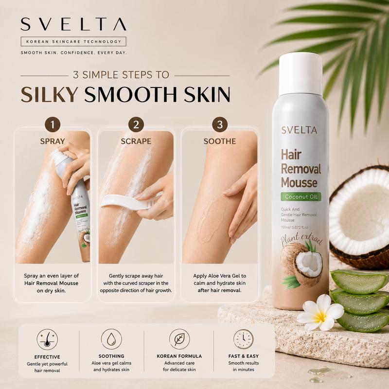SVELTA Sensitive Skin Bikini Hair Removal Cream & Mousse - Lightweight, Soothing Body Care Self-Care Product for Adults, Fast-Acting Depilatory Foam with Coconut Oil, Aloe Vera Gel & Scraper, 150ml + 30ml