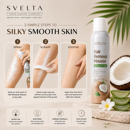 SVELTA Sensitive Skin Bikini Hair Removal Cream & Mousse - Lightweight, Soothing Body Care Self-Care Product for Adults, Fast-Acting Depilatory Foam with Coconut Oil, Aloe Vera Gel & Scraper, 150ml + 30ml