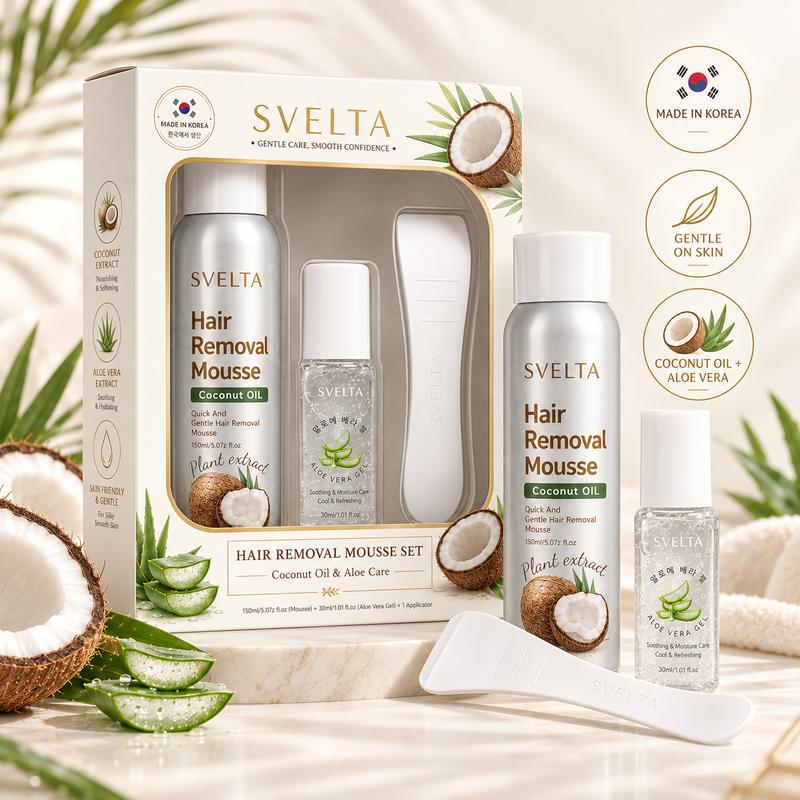 SVELTA Sensitive Skin Bikini Hair Removal Cream & Mousse - Lightweight, Soothing Body Care Self-Care Product for Adults, Fast-Acting Depilatory Foam with Coconut Oil, Aloe Vera Gel & Scraper, 150ml + 30ml