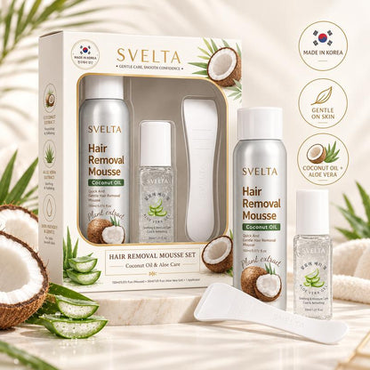 SVELTA Sensitive Skin Bikini Hair Removal Cream & Mousse - Lightweight, Soothing Body Care Self-Care Product for Adults, Fast-Acting Depilatory Foam with Coconut Oil, Aloe Vera Gel & Scraper, 150ml + 30ml