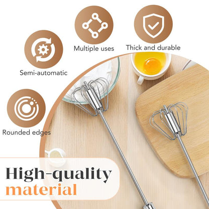 AA Stainless Steel Hand-Push Rotary Whisk - Food-Grade Rust-Resistant Kitchen Utensil with Sturdy Riveted Construction, Semi-Automatic Design for Coffee, Egg Whisking Tasks, Easy to Clean