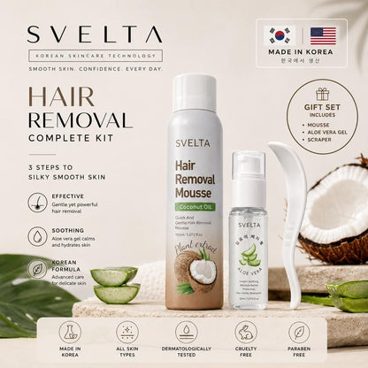 SVELTA Sensitive Skin Bikini Hair Removal Cream & Mousse - Lightweight, Soothing Body Care Self-Care Product for Adults, Fast-Acting Depilatory Foam with Coconut Oil, Aloe Vera Gel & Scraper, 150ml + 30ml