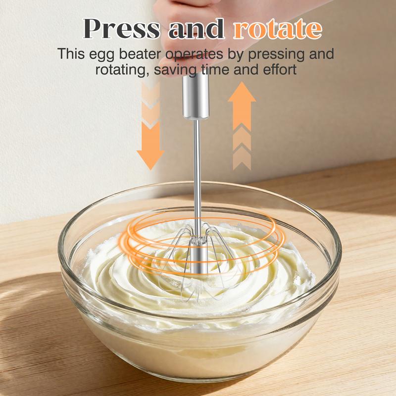 AA Stainless Steel Hand-Push Rotary Whisk - Food-Grade Rust-Resistant Kitchen Utensil with Sturdy Riveted Construction, Semi-Automatic Design for Coffee, Egg Whisking Tasks, Easy to Clean