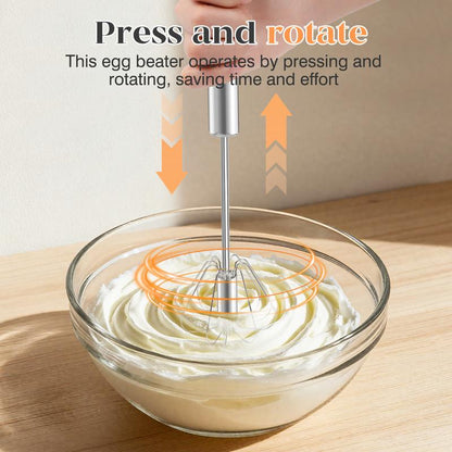 AA Stainless Steel Hand-Push Rotary Whisk - Food-Grade Rust-Resistant Kitchen Utensil with Sturdy Riveted Construction, Semi-Automatic Design for Coffee, Egg Whisking Tasks, Easy to Clean